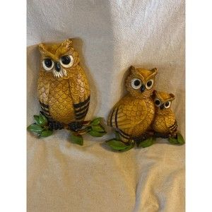 Vtg Homco Owl Family Wall Hanging Art USA 70s #7403 2 pc Owls Set MCM Decor USA